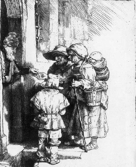 REMBRANDT Harmenszoon van Rijn Beggars receiving alms at the door of a house oil painting image